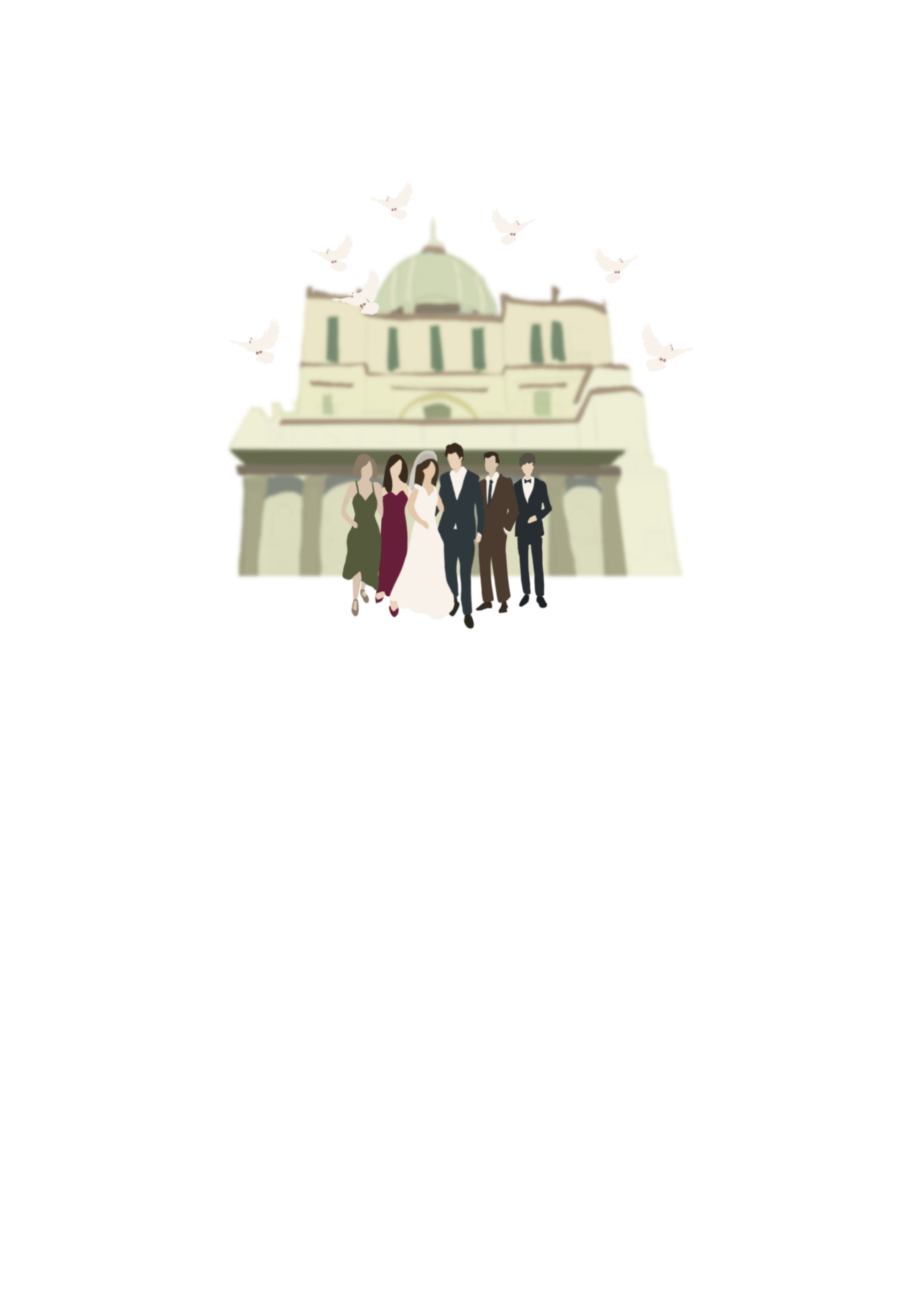 Gli sposi e gli invitati davanti alla chiesa, tra le colombe