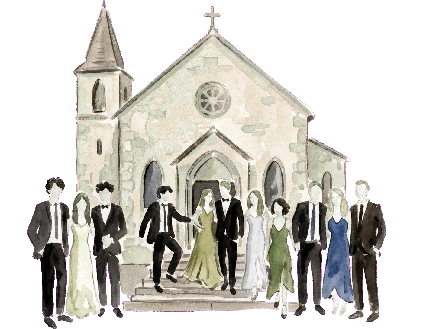 Illustrazione ad acquerello della chiesa con gli invitati all'esterno