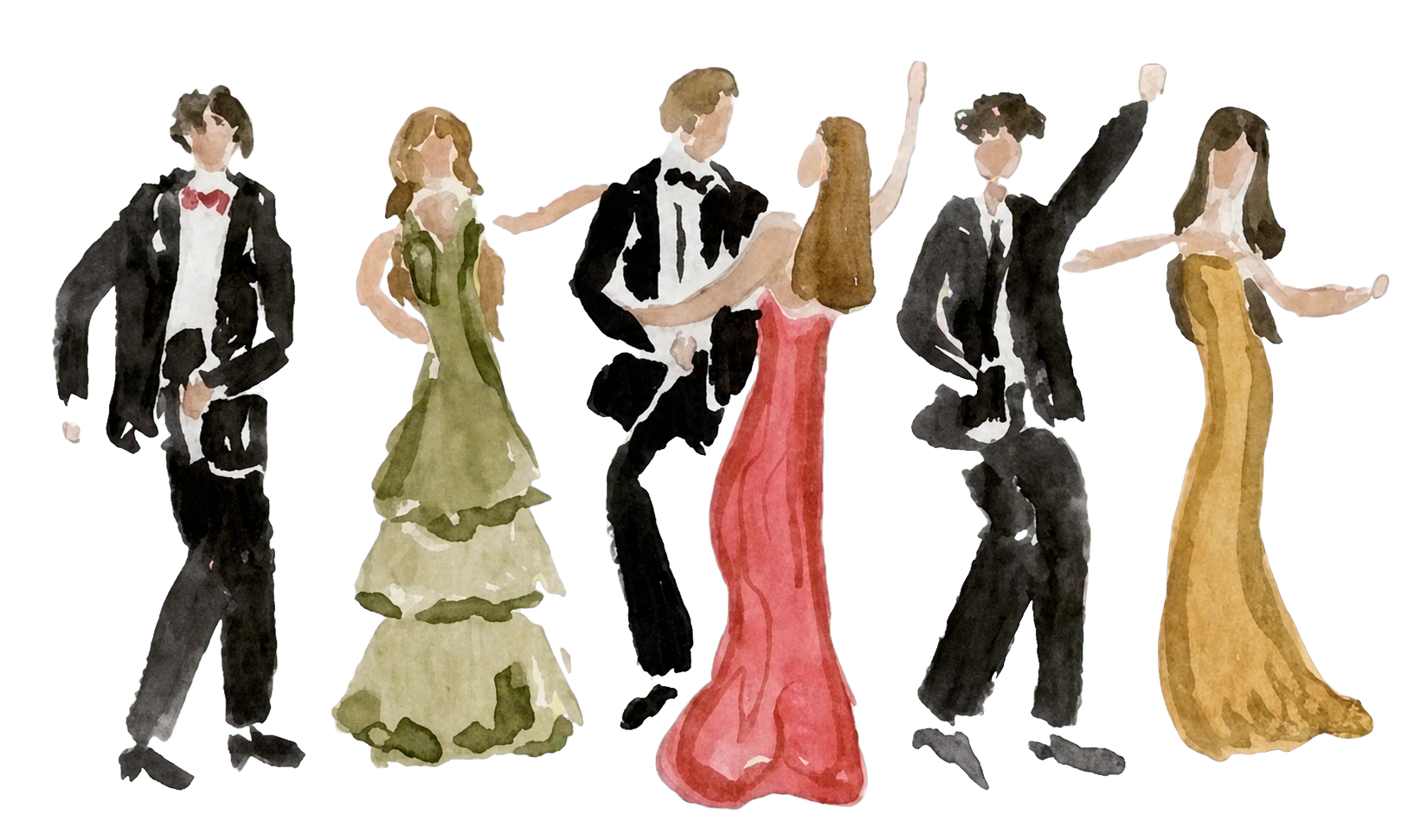 Illustrazione ad acquerello degli invitati che ballano al ricevimento