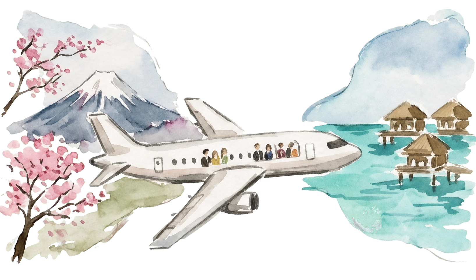 Illustrazione a colori del viaggio di nozze, dall'aereo verso il mare tropicale
